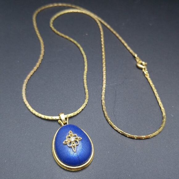 Avon North Star Blue Egg Necklace, Vintage Pendant Gold-tone Chain Jewelry, 23" - Picture 5 of 8